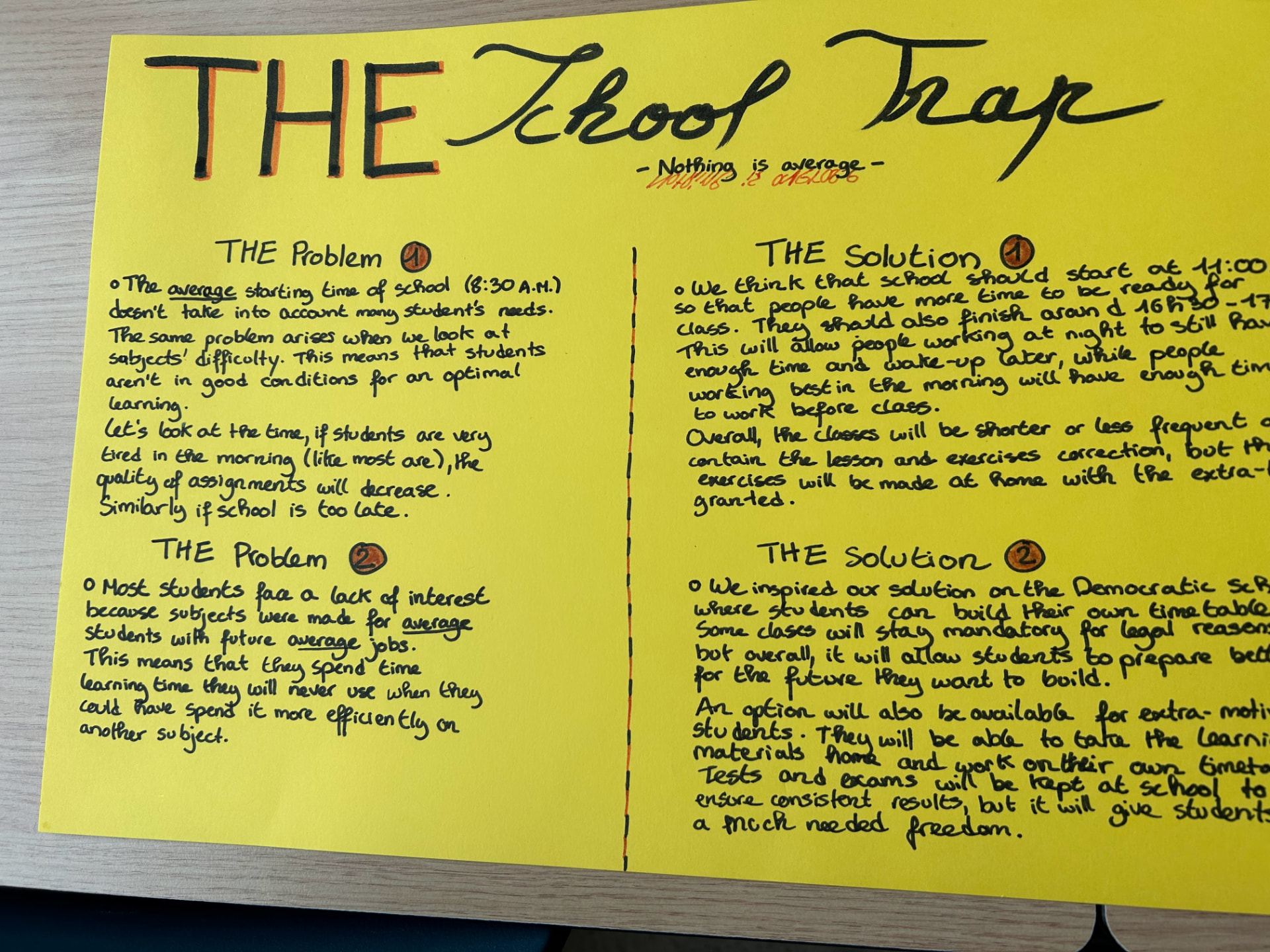 A student-made poster called The School Trap, setting out problems with the average school day and proposing alternatives